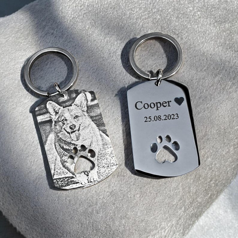 Personalised Pet Photo Keyring with Paw Cut Out | Photo Engraving | Pet Photo Engraved | Cat and Dog | Custom Name and Image Keychain