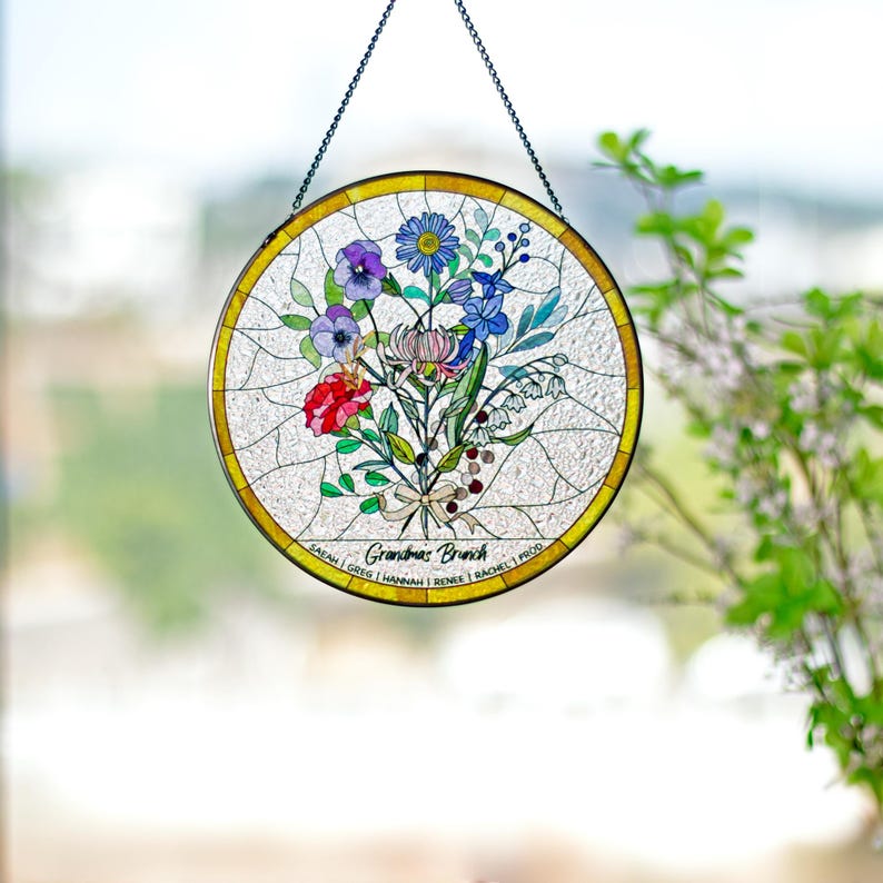 Family Birth Flower Bouquet Birth Month Flowers Personalized Stained Glass Window Hangings Personalized Birth Flower Gift Mothers Day Gift