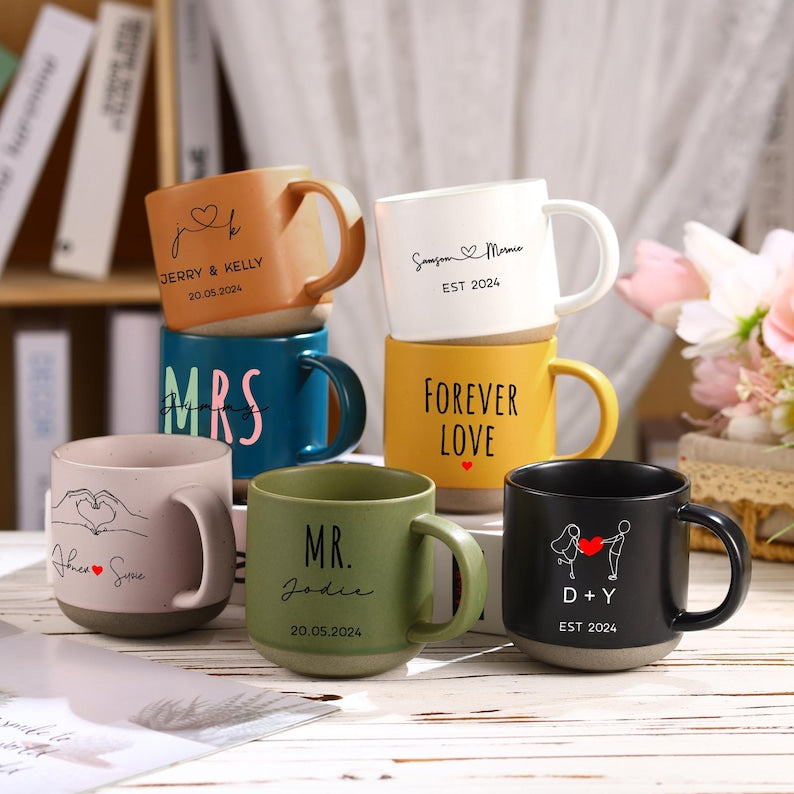 Personalized Mr & Mrs Coffee Mugs,Engagement Pottery Mug, Bridal Shower Gift,Custom Mug for Bride,New Wedding Gift For New Bride and Groom