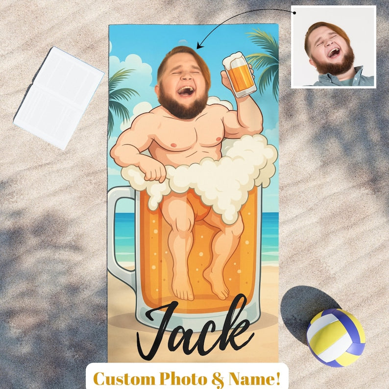 Personalized Beach Towel, Custom Face & Name in Beer Mug,Pool Towel Personalized Beach,Ideal for Beach Days, Pool Parties, and Vacation Gift