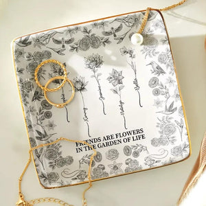 Toile De Jouy Birth Flower Grow An Old Friend - Personalized Ring Dish, Gift for Her, Custom Jewelry Dish for Besties, Mom, Daughter