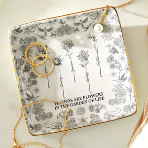 Toile De Jouy Birth Flower Grow An Old Friend - Personalized Ring Dish, Gift for Her, Custom Jewelry Dish for Besties, Mom, Daughter
