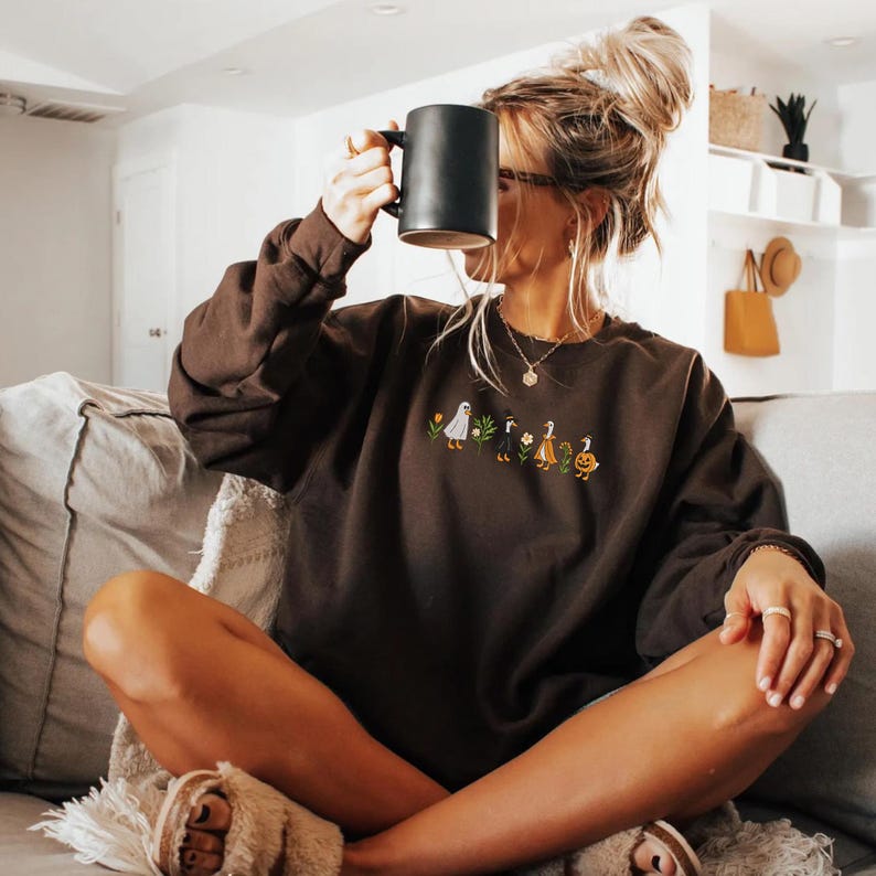 Embroidered Halloween Goose Sweatshirt Cute Fall Gildan Crewneck Pumpkin Witch Ghost Goose Shirt Fall Animal Pullover EMBROIDERED IN USA il_794xN.6973500706_8l0g.jpg