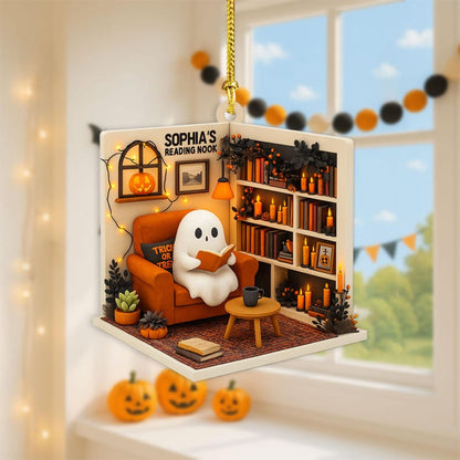 Personalized Ghost Reading Nook 2D Flat Acrylic Ornament, Reading Room Christmas Ornament, Bookworm Gift, Halloween Ghost Window Hangings Book Lovers Gift