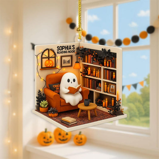 Personalized Ghost Reading Nook 2D Flat Acrylic Ornament, Reading Room Christmas Ornament, Bookworm Gift, Halloween Ghost Window Hangings Book Lovers Gift