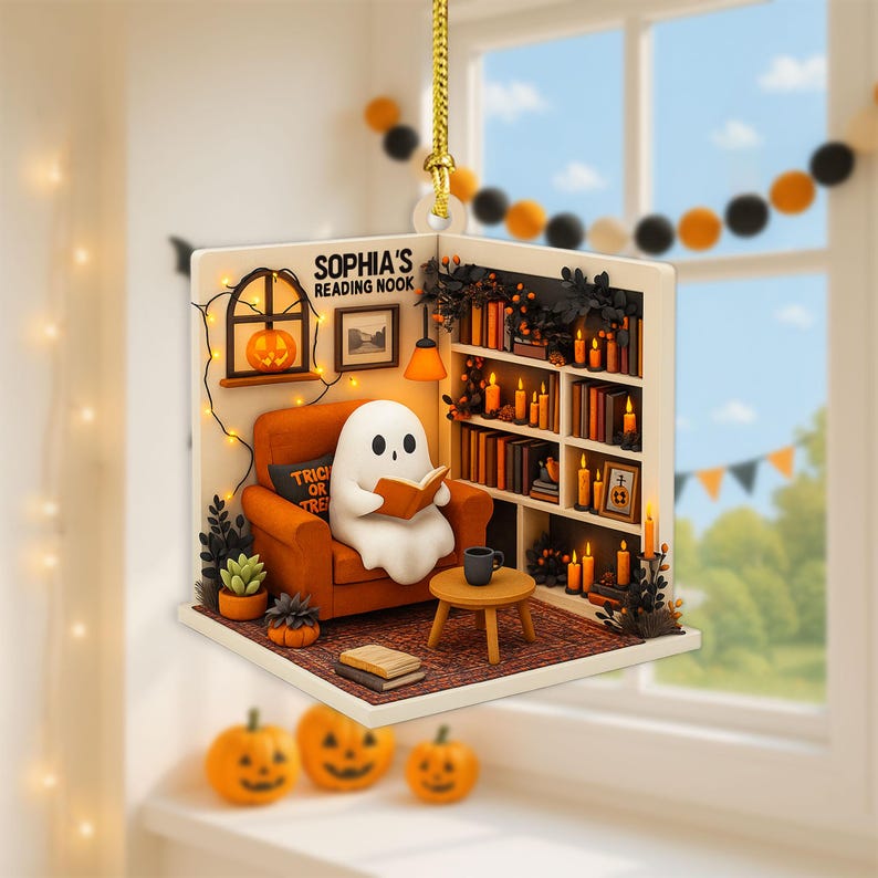 Personalized Ghost Reading Nook 2D Flat Acrylic Ornament, Reading Room Christmas Ornament, Bookworm Gift, Halloween Ghost Window Hangings Book Lovers Gift