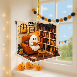 Personalized Ghost Reading Nook 2D Flat Acrylic Ornament, Reading Room Christmas Ornament, Bookworm Gift, Halloween Ghost Window Hangings Book Lovers Gift