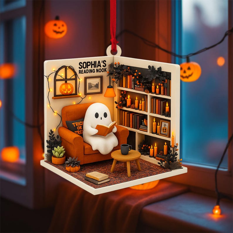 Personalized Ghost Reading Nook 2D Flat Acrylic Ornament, Reading Room Christmas Ornament, Bookworm Gift, Halloween Ghost Window Hangings Book Lovers Gift