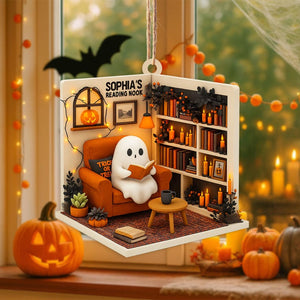Personalized Ghost Reading Nook 2D Flat Acrylic Ornament, Reading Room Christmas Ornament, Bookworm Gift, Halloween Ghost Window Hangings Book Lovers Gift