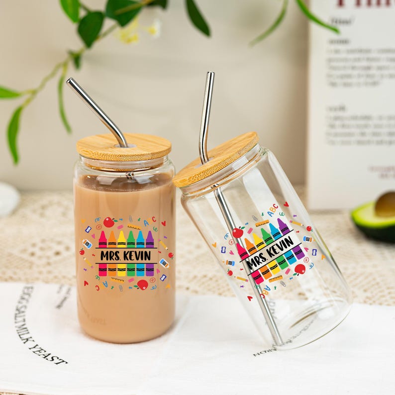 Personalized Teacher Glass Tumbler,Custom Teacher Gift for Her,Teacher Iced Coffee Cups with Crayon Design,Teacher Appreciation Gifts