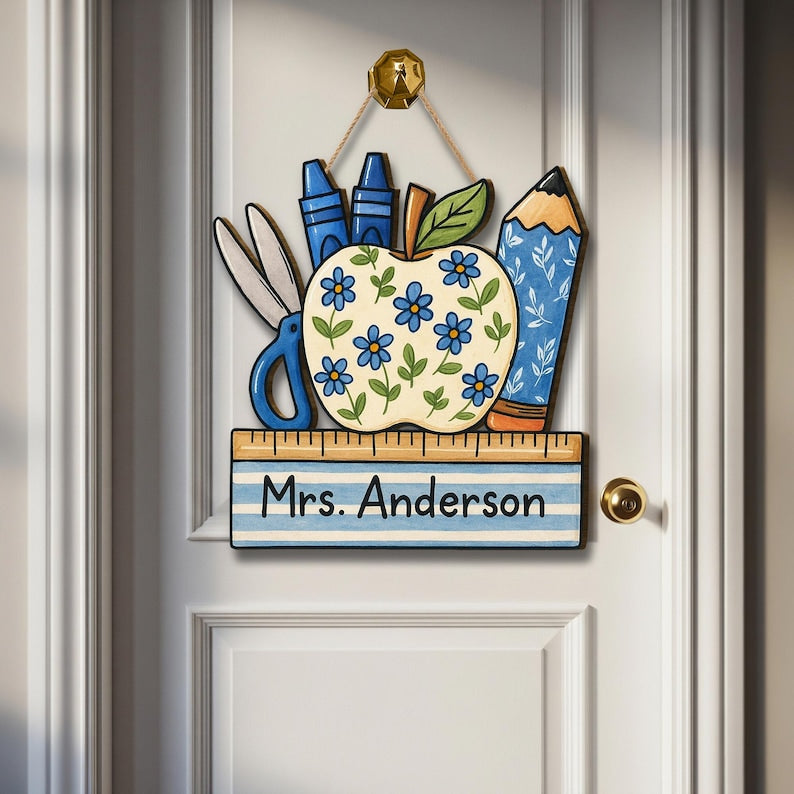 Personalized Teacher Door Sign, Floral Apple Classroom Decor, Back to School Wood Sign, Chinoiserie Teacher Gift, Custom Pencil Ruler Plaque