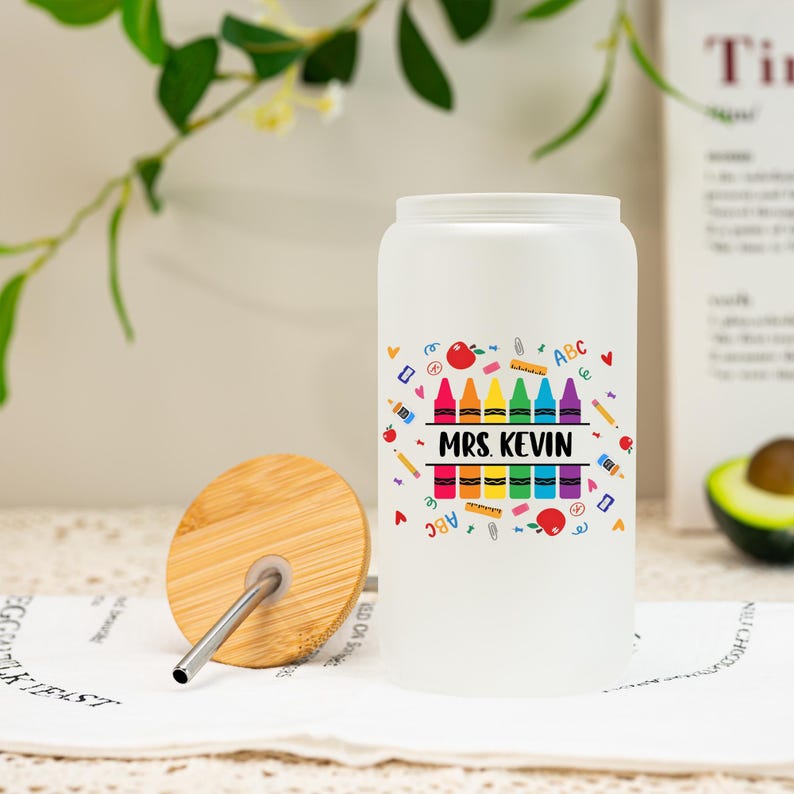 Personalized Teacher Glass Tumbler,Custom Teacher Gift for Her,Teacher Iced Coffee Cups with Crayon Design,Teacher Appreciation Gifts