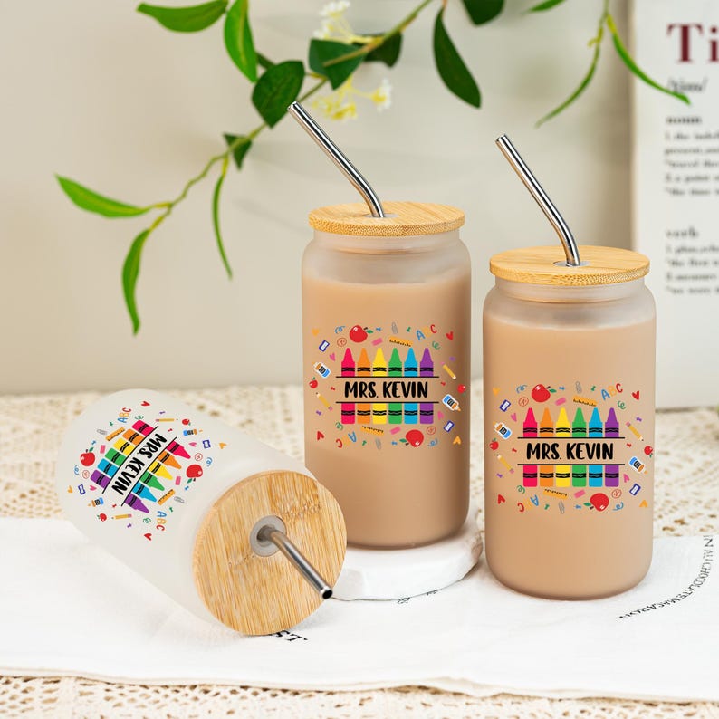 Personalized Teacher Glass Tumbler,Custom Teacher Gift for Her,Teacher Iced Coffee Cups with Crayon Design,Teacher Appreciation Gifts