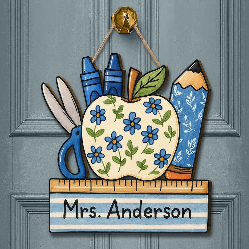 Personalized Teacher Door Sign, Floral Apple Classroom Decor, Back to School Wood Sign, Chinoiserie Teacher Gift, Custom Pencil Ruler Plaque
