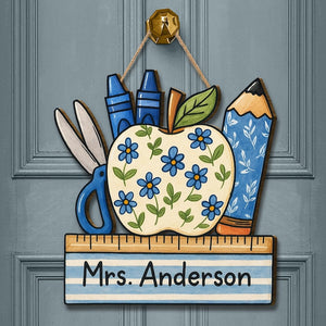 Personalized Teacher Door Sign, Floral Apple Classroom Decor, Back to School Wood Sign, Chinoiserie Teacher Gift, Custom Pencil Ruler Plaque