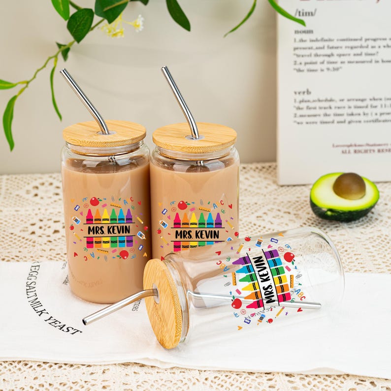 Personalized Teacher Glass Tumbler,Custom Teacher Gift for Her,Teacher Iced Coffee Cups with Crayon Design,Teacher Appreciation Gifts
