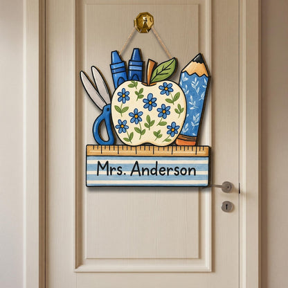 Personalized Teacher Door Sign, Floral Apple Classroom Decor, Back to School Wood Sign, Chinoiserie Teacher Gift, Custom Pencil Ruler Plaque