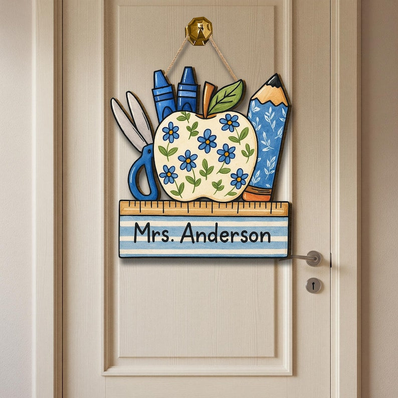 Personalized Teacher Door Sign, Floral Apple Classroom Decor, Back to School Wood Sign, Chinoiserie Teacher Gift, Custom Pencil Ruler Plaque