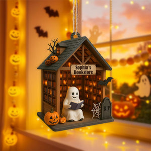 Personalized Ghost Reading Book 2D Flat Acrylic Ornament, Reading Room Halloween Ornament, Bookshelf Gift, Halloween Ghost Window Hangings