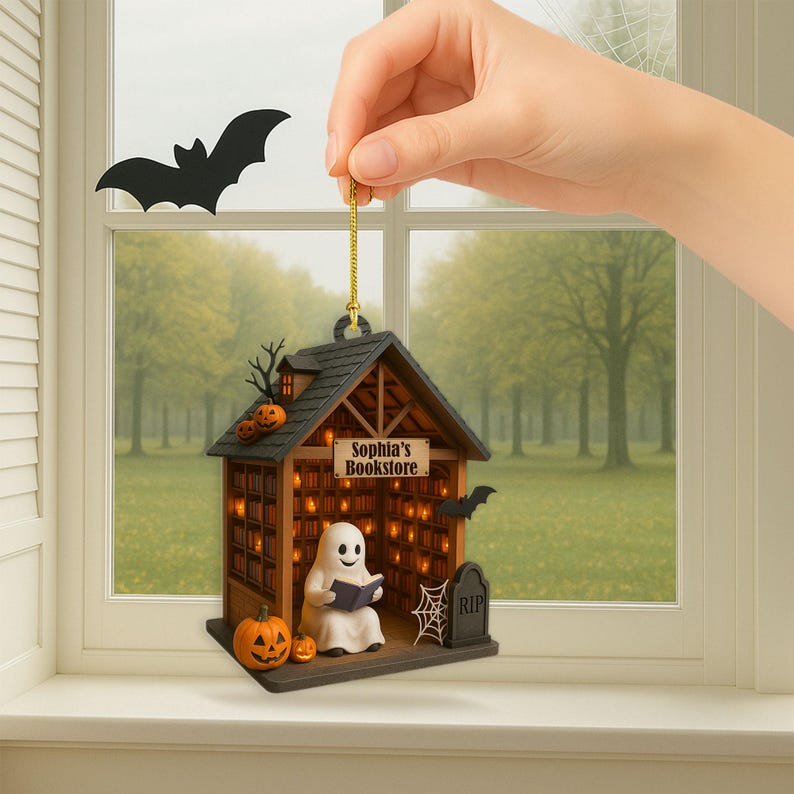 Personalized Ghost Reading Book 2D Flat Acrylic Ornament, Reading Room Halloween Ornament, Bookshelf Gift, Halloween Ghost Window Hangings