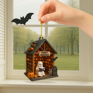 Personalized Ghost Reading Book 2D Flat Acrylic Ornament, Reading Room Halloween Ornament, Bookshelf Gift, Halloween Ghost Window Hangings