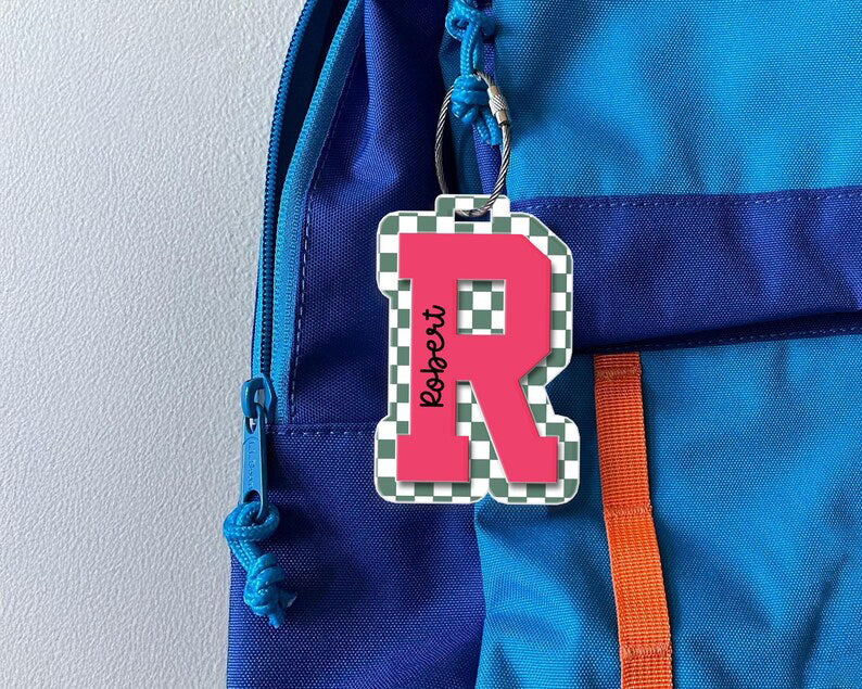 Acrylic Checkered Keychain, Water Bottle Name Tag, Personalized Kids Name Bag Tag for Boy, Sports Keychain Back to School Gift, 3D Name Tag