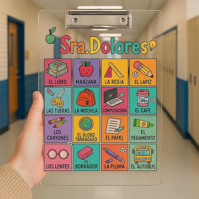 Personalized Spanish Teacher Clipboard Customized Acrylic School Supplies Design Gift for Classroom Educators Back to School or Teacher Desk