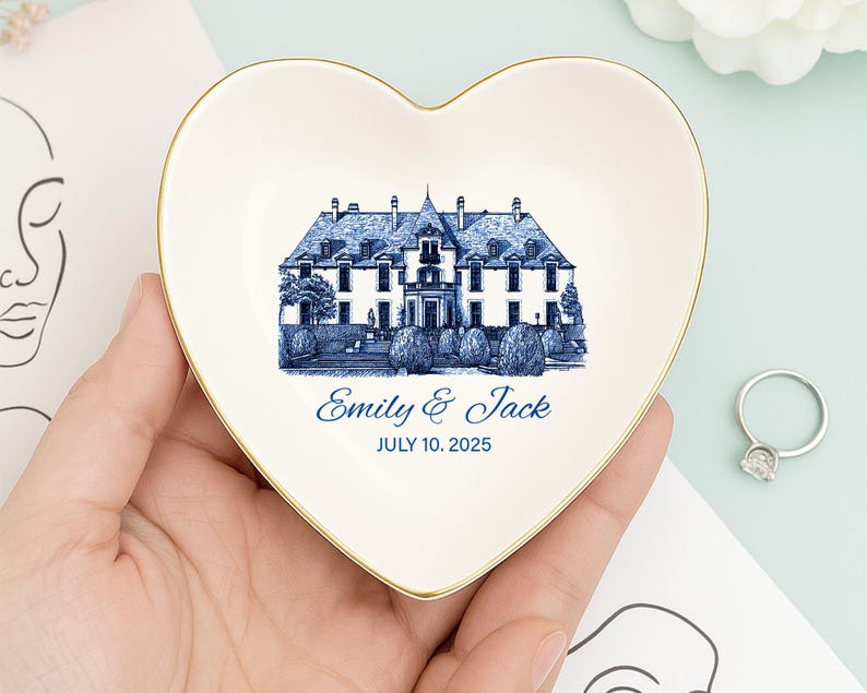 Personalized Wedding Venue Ring Dish, Couple Name & Date,Engagement Gift,Wedding Keepsake,Blue And White Gift,Bridal Shower Gift,Couple Gift
