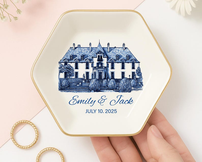Personalized Wedding Venue Ring Dish, Couple Name & Date,Engagement Gift,Wedding Keepsake,Blue And White Gift,Bridal Shower Gift,Couple Gift