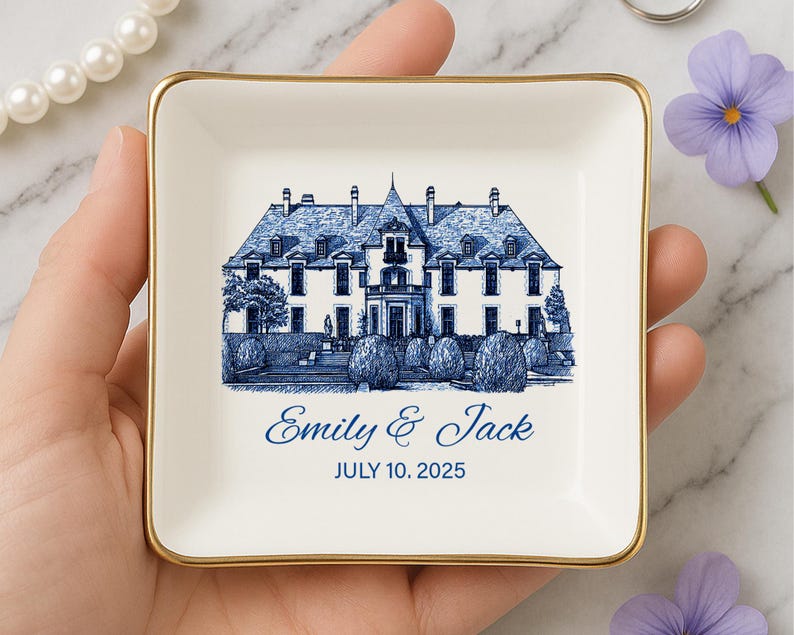 Personalized Wedding Venue Ring Dish, Couple Name & Date,Engagement Gift,Wedding Keepsake,Blue And White Gift,Bridal Shower Gift,Couple Gift