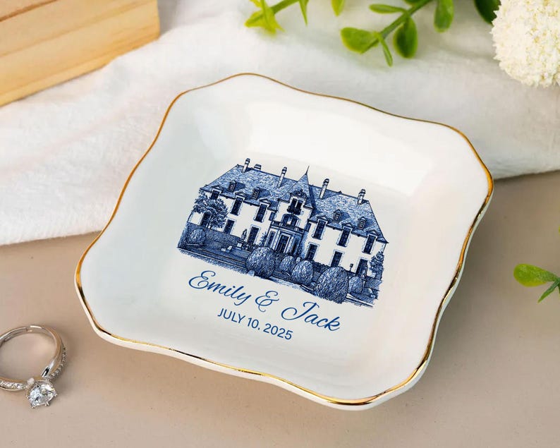 Personalized Wedding Venue Ring Dish, Couple Name & Date,Engagement Gift,Wedding Keepsake,Blue And White Gift,Bridal Shower Gift,Couple Gift