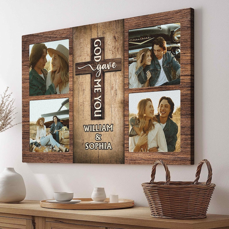 Custom Couple Canvas Collage with Cross Design, Personalized Photo Gift for Wedding Anniversary, Christian Couple Gift