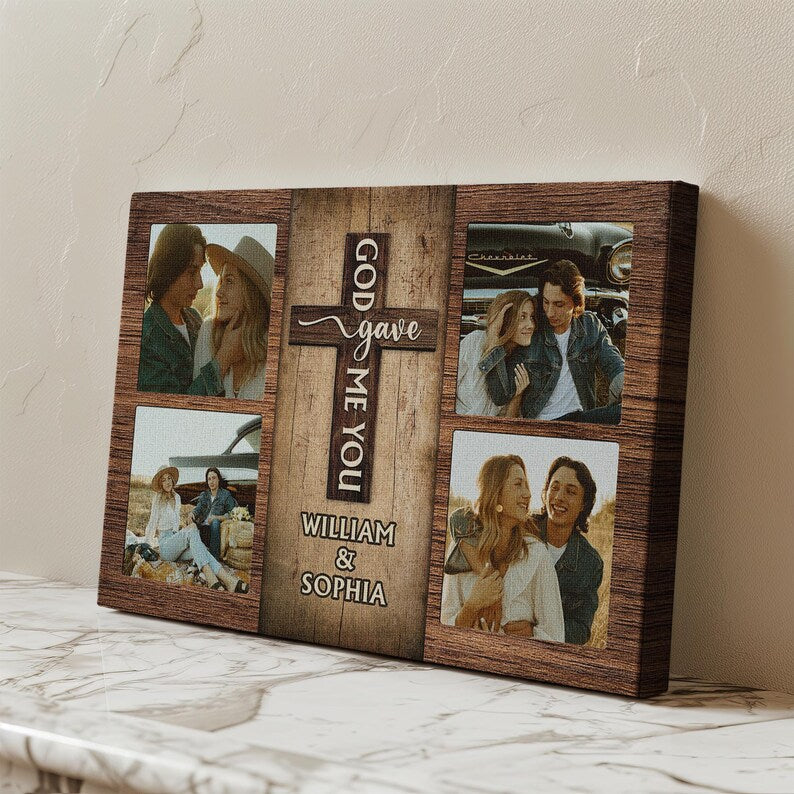 Custom Couple Canvas Collage with Cross Design, Personalized Photo Gift for Wedding Anniversary, Christian Couple Gift