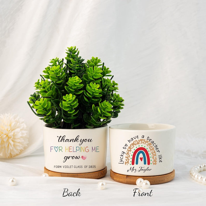 Thank You For Helping Me Grow Flower Pot, Custom Plant Pot for Teacher, Rainbow Ceramic Flower Planter Pot, Succulent Planter,Thank You Gift