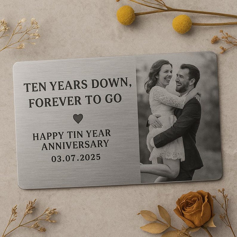 Custom 10 Year Anniversary Wallet Card, Metal Photo Card Gift, Tin Anniversary for Husband or Wife, Forever Love Keepsake