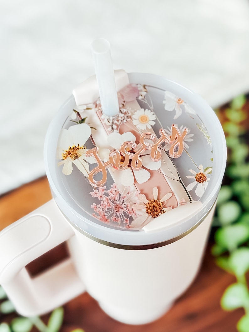 Pressed Flowers Stanley Tumbler Topper | Custom Stanley Tumbler Name Plate | Stanley Tumbler Topper Name Tag