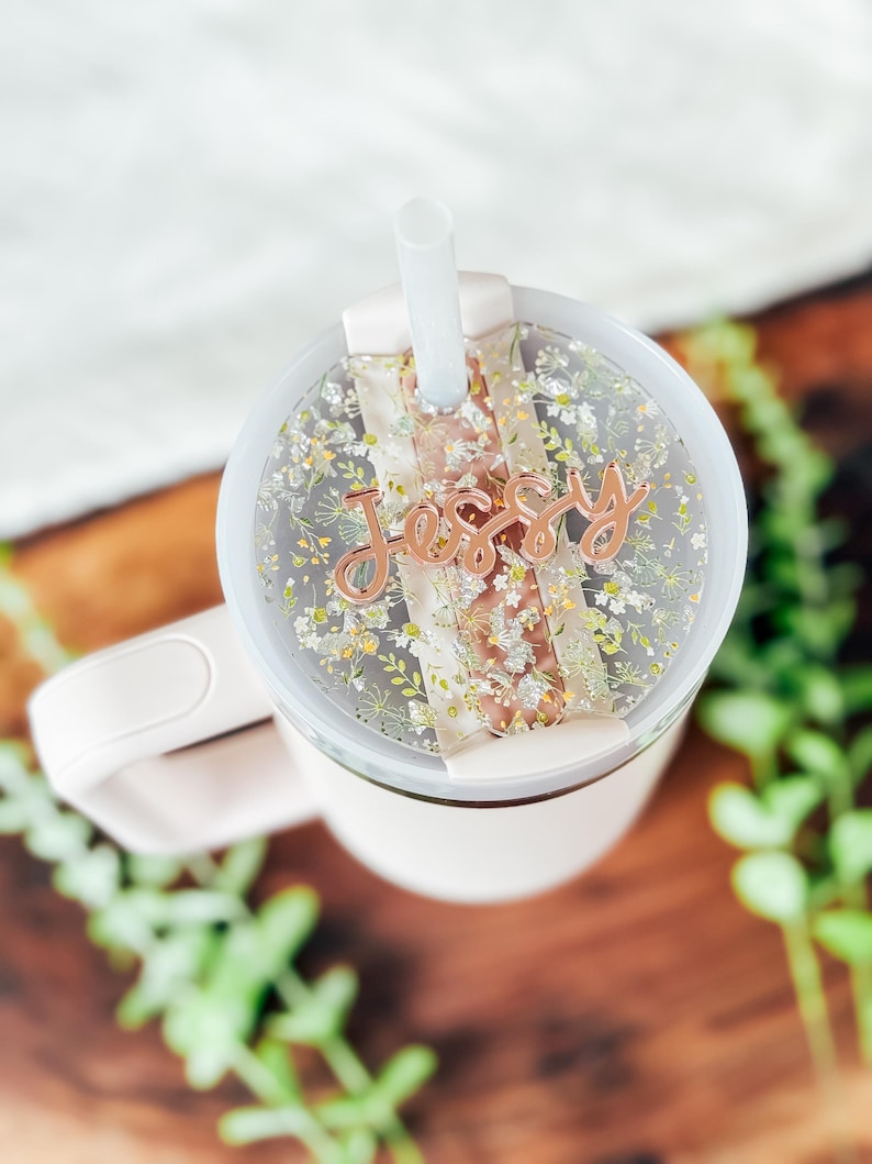 Pressed Flowers Stanley Tumbler Topper | Custom Stanley Tumbler Name Plate | Stanley Tumbler Topper Name Tag