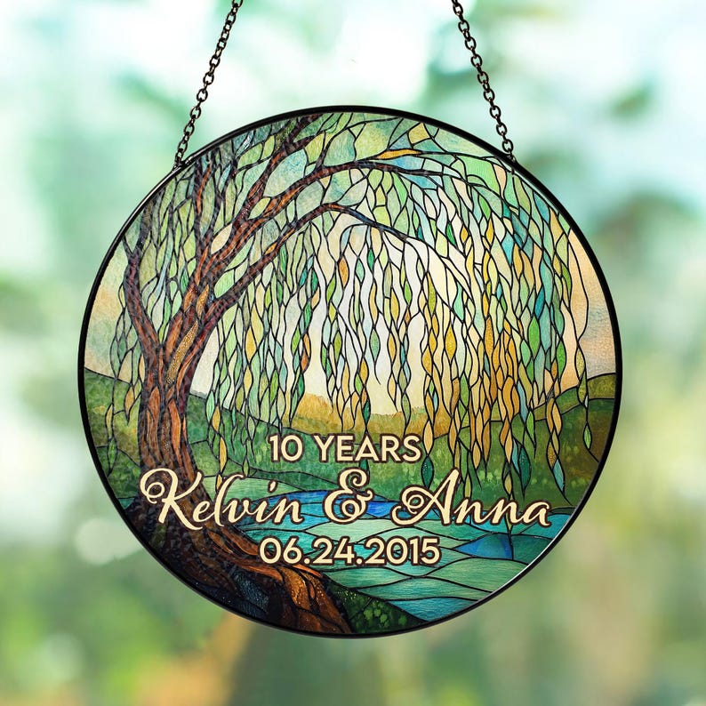 Personalized Wedding Anniversary Suncatcher, 10 Year Willow Tree Stained Glass Gift, Custom Couple Gift for Husband Wife, 9th Anniversary
