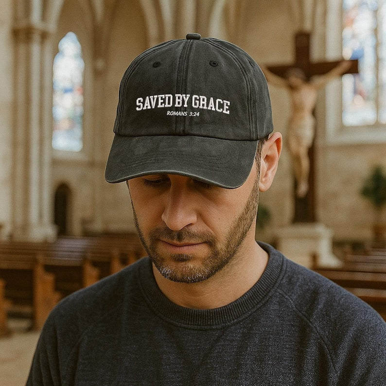 Saved By Grace Romans 3:24 Embroidered Hat Washed Black Christian Cap With Bible Verse Faith-Based Gift For Believers, Men, Women, Teens