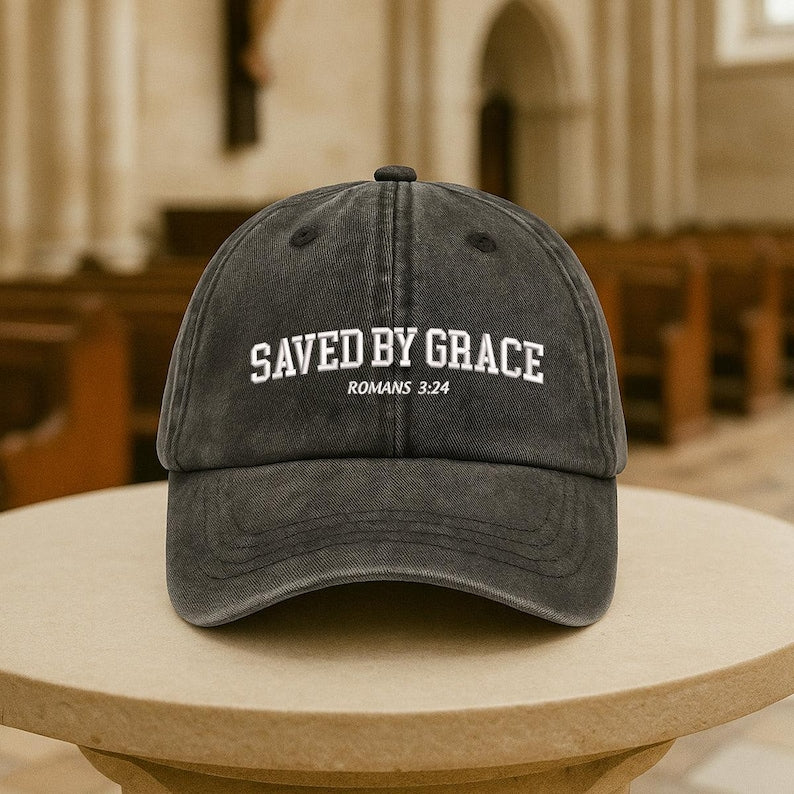 Saved By Grace Romans 3:24 Embroidered Hat Washed Black Christian Cap With Bible Verse Faith-Based Gift For Believers, Men, Women, Teens