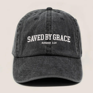 Saved By Grace Romans 3:24 Embroidered Hat Washed Black Christian Cap With Bible Verse Faith-Based Gift For Believers, Men, Women, Teens
