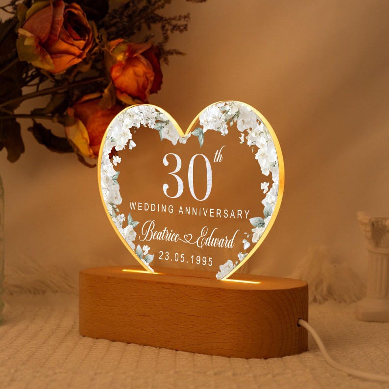 30th Anniversary Led Light, Custom Pearl 30th Anniversary Night Light Gift, Wedding Anniversary Decor, Pearl 30th Anniversary Keepsake Gifts