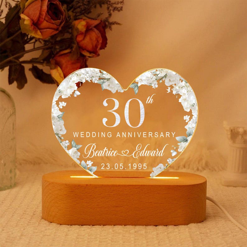 30th Anniversary Led Light, Custom Pearl 30th Anniversary Night Light Gift, Wedding Anniversary Decor, Pearl 30th Anniversary Keepsake Gifts