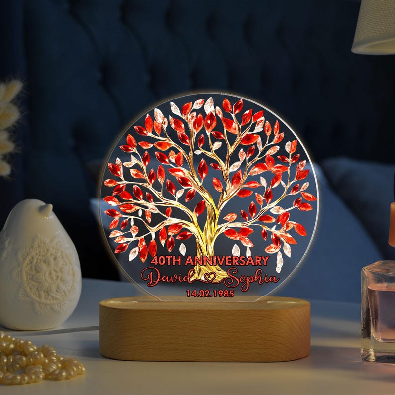 Custom 40th Anniversary Lamp Wooden Base, Ruby Wedding Gifts, 40 Year Anniversary Gifts For Parents, 40th Wedding Anniversary Night Light