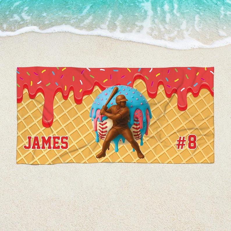 Custom Drip Baseball Beach Towel For Boys, Personalized Ice Cream Drip Boys Baseball Towel With Waffle Print, Baseball Drip Pool Towel Gift