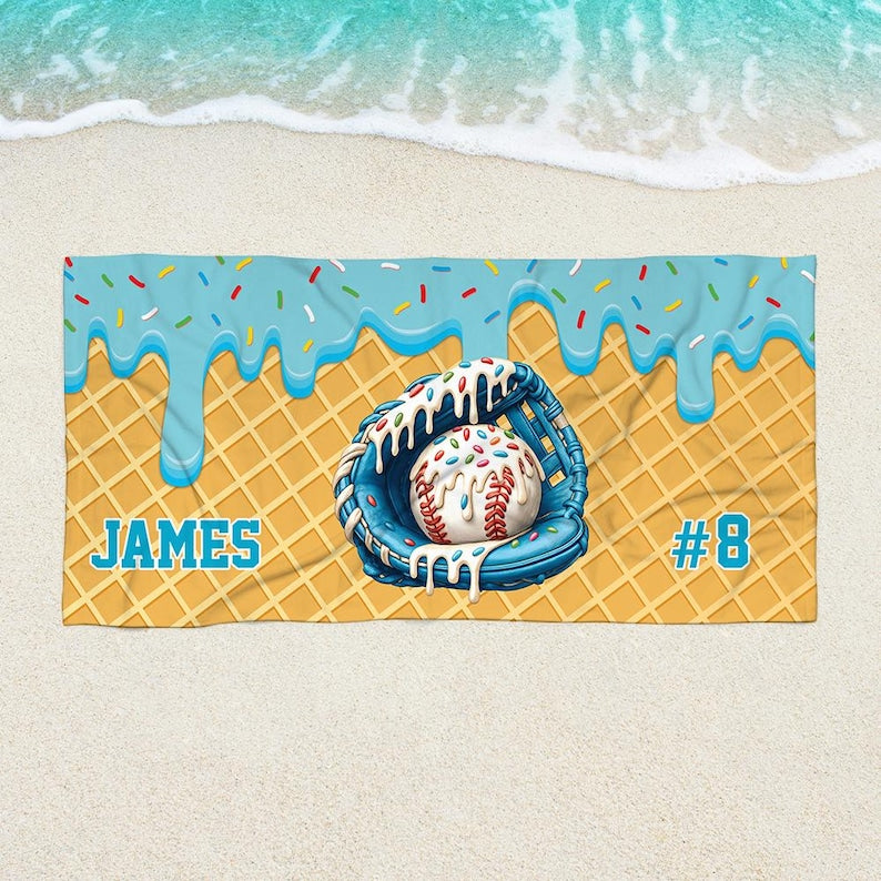 Custom Drip Baseball Beach Towel For Boys, Personalized Ice Cream Drip Boys Baseball Towel With Waffle Print, Baseball Drip Pool Towel Gift
