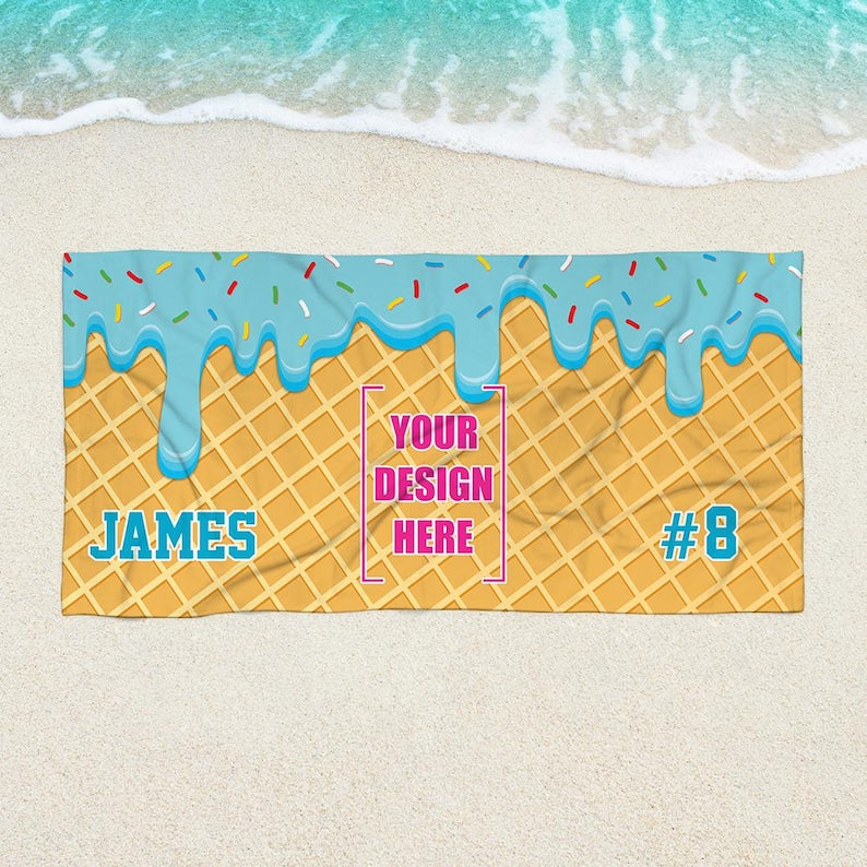Custom Drip Baseball Beach Towel For Boys, Personalized Ice Cream Drip Boys Baseball Towel With Waffle Print, Baseball Drip Pool Towel Gift
