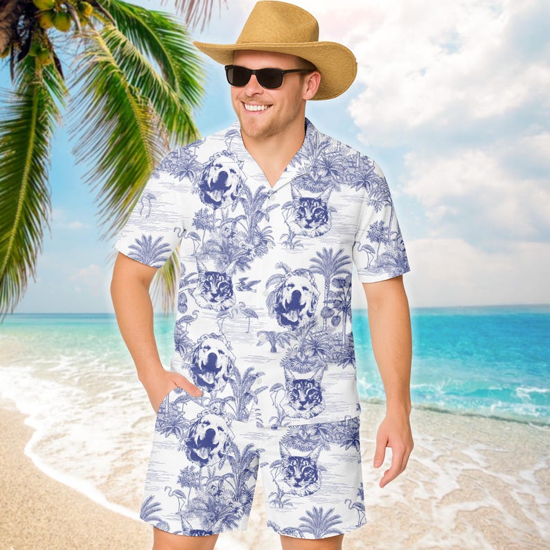 Custom Pet Photos Hawaiian Shirt For Man, Woman, Dog Lovers Toile De Jouy Style Custom Dog Cat Hawaiian Shirt, Personalized Hawaiian Shirt