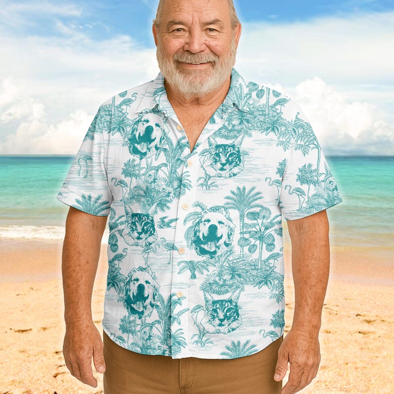 Custom Pet Photos Hawaiian Shirt For Man, Woman, Dog Lovers Toile De Jouy Style Custom Dog Cat Hawaiian Shirt, Personalized Hawaiian Shirt