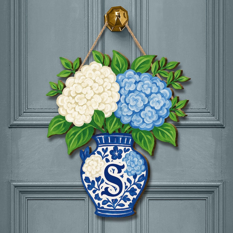Hydrangea Chinoiserie Vase Monogram Door Hanger | Blue and White Floral Front Door Decor | Personalized Spring Summer Door Sign